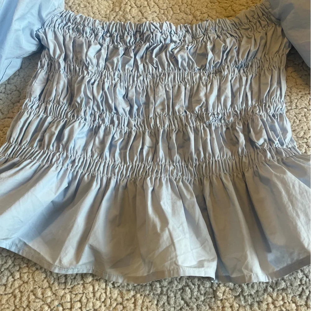 ASTR Light Blue Cinderella Puff Sleeve Smocked Top Medium